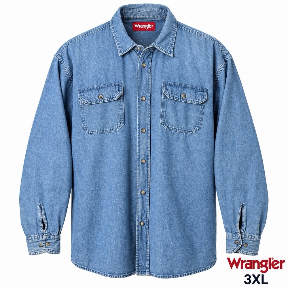 Wrangler Men's 3XL Blue Denim Chambray Shirt Button Up Workwear Worn In Workwear